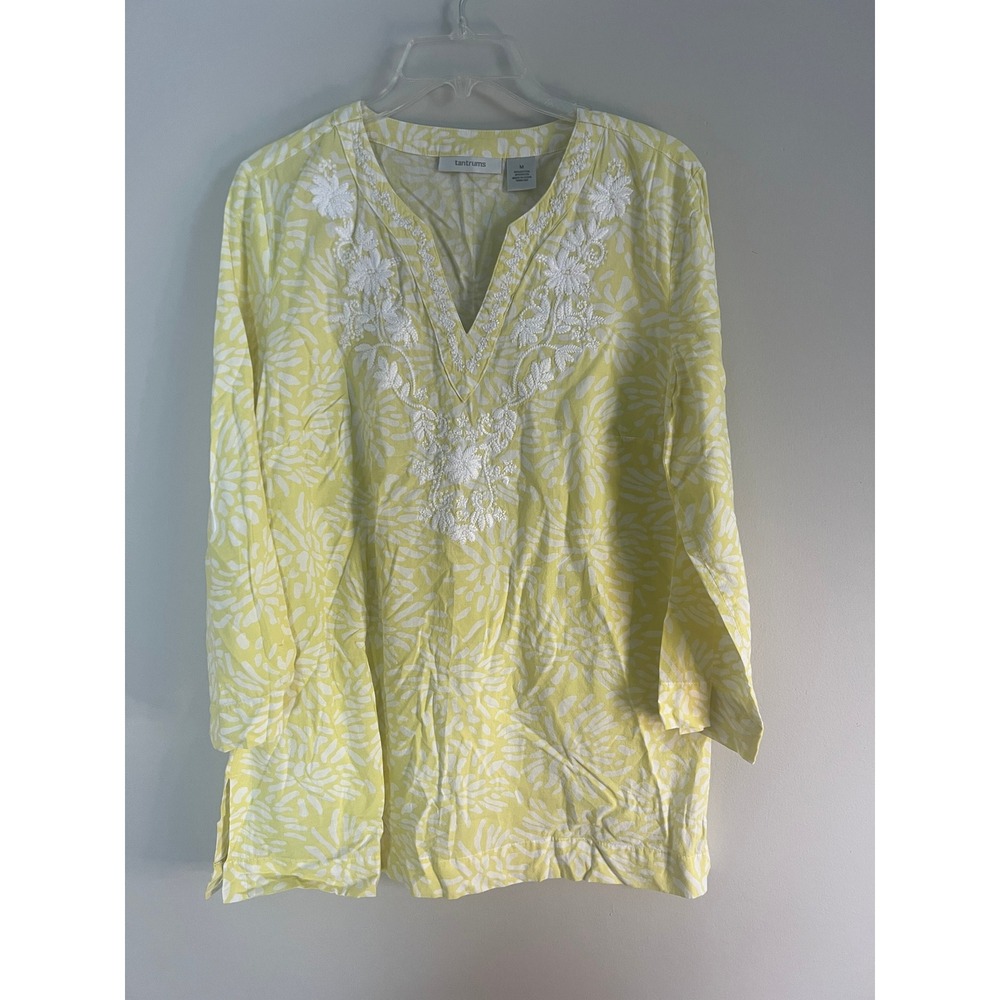 Tantrums Yellow White Floral Embroidered Tunic Top Womens Medium Cotton Rayon